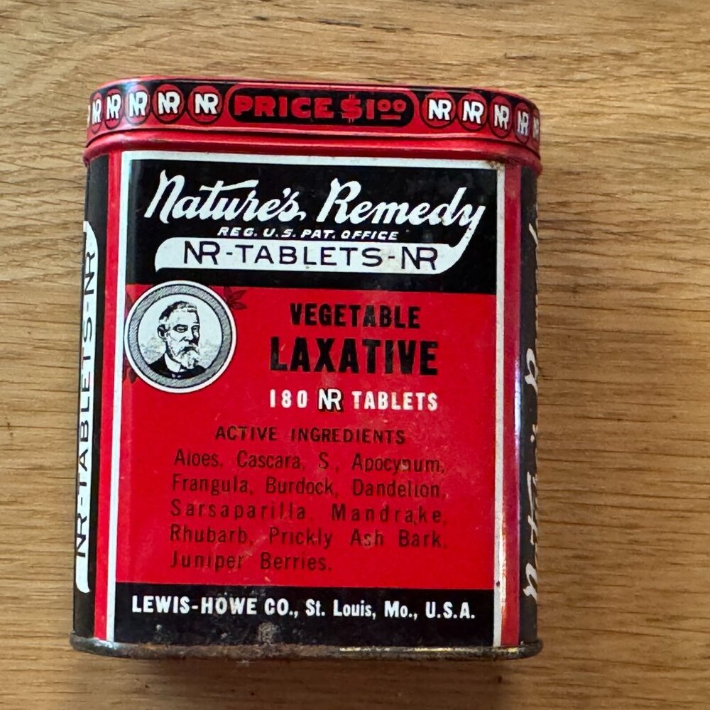 Vintage Nature's Remedy NR-Tablets Metal Box with Lid, Pharmacy Tin, Circa 1930